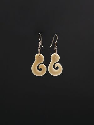 Moko Pounamu Hei Matau Bone and Sterling Silver Earrings 14482