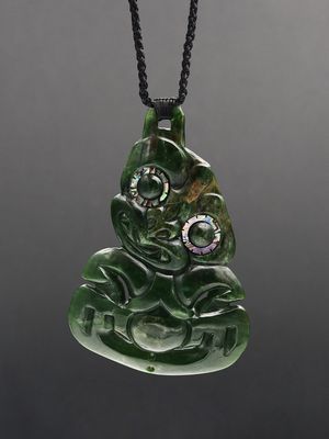 Moko Pounamu Hei Tiki NZ Genuine Kawakawa Flower Greenstone - Koromiko