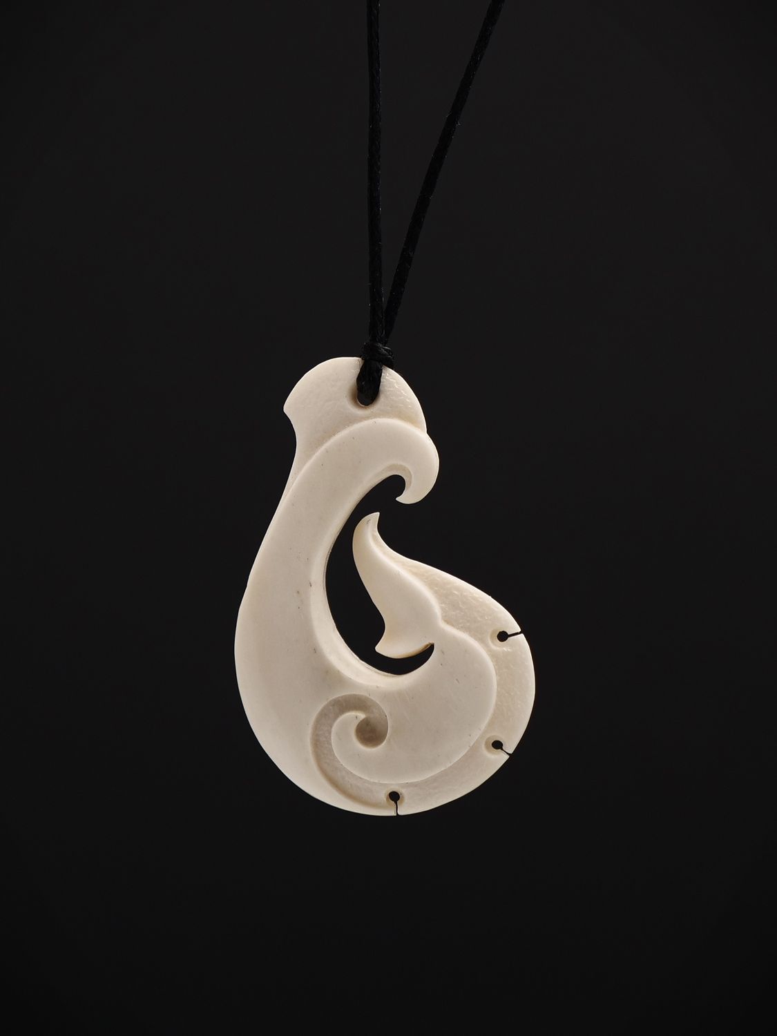 Moko Pounamu Hei Matau (Hook) Whale Bone Carving - Waitetuna