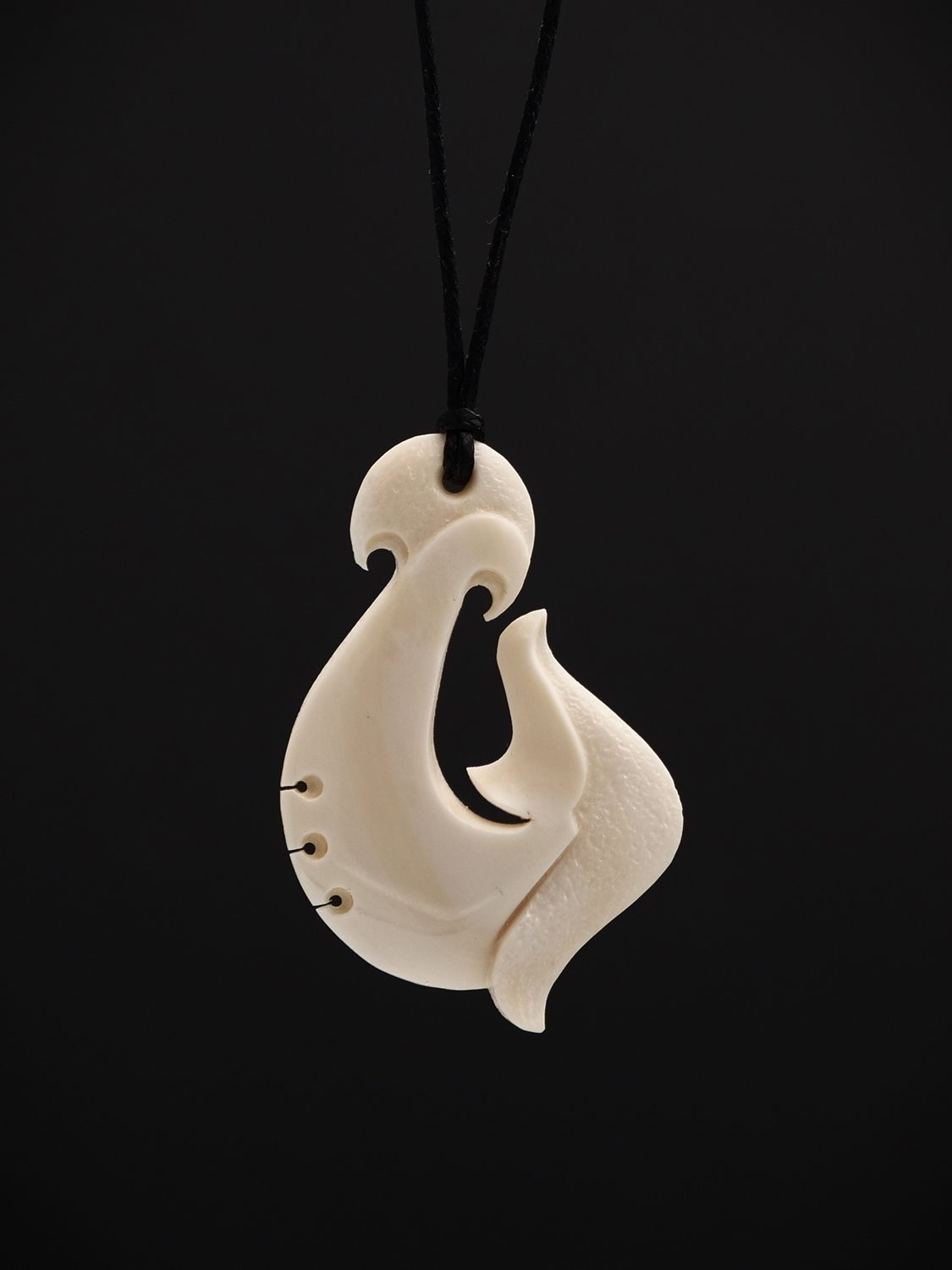 Moko Pounamu Hei Matau (Hook) Whale Bone Carving - Makomako