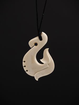 Moko Pounamu Hei Matau (Hook) Whale Bone Carving - Kawhia
