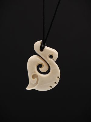 Moko Pounamu Hei Matau (Hook) Whale Bone Carving - Awakino