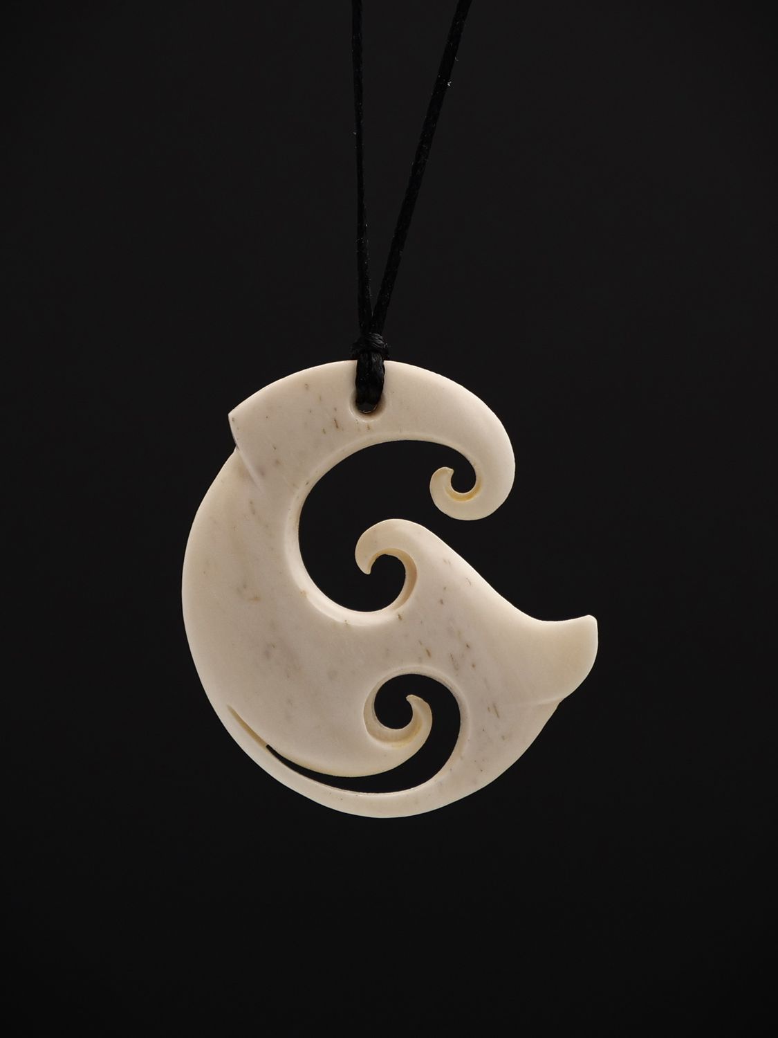 Moko Pounamu Hei Matau (Hook) Whale Bone Carving - Mahoenui