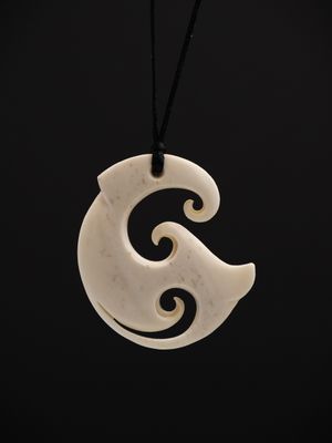Moko Pounamu Hei Matau (Hook) Whale Bone Carving - Mahoenui