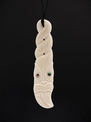 Moko Pounamu Bone Carving Large Double Pikorua Tiki - AB64