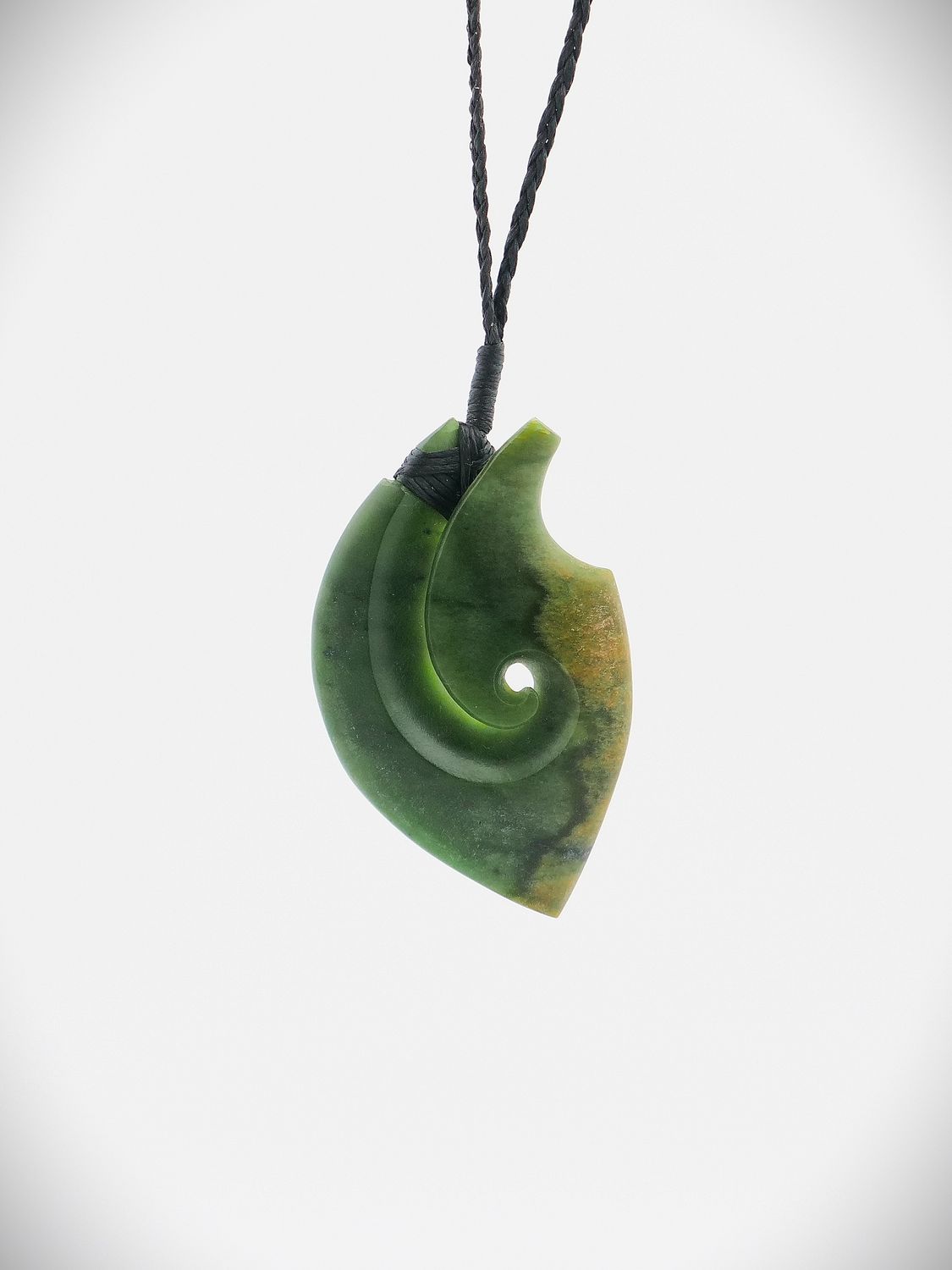 Moko Pounamu Hei Matau (Hook) NZ Genuine Kawakawa Flower Greenstone - Kakapotahi