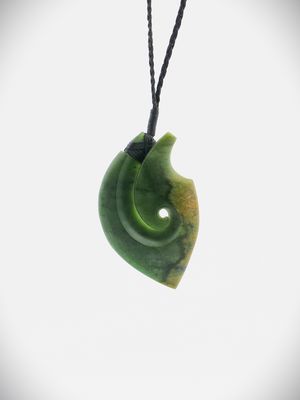Moko Pounamu Hei Matau (Hook) NZ Genuine Kawakawa Flower Greenstone - Kakapotahi