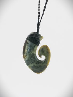 Moko Pounamu Hei Matau (Hook) NZ Genuine Kokopu Flower Greenstone - Herekino