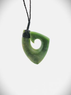 Moko Pounamu Hei Matau (Hook) NZ Genuine Kawakawa Flower Greenstone - Kopuaranga