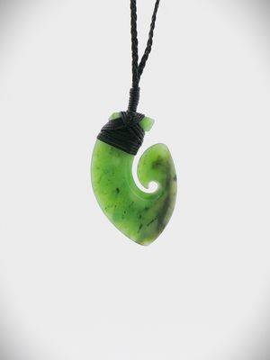 Moko Pounamu Hei Matau (Hook) NZ Genuine Kahurangi Flower Greenstone - Ranginui
