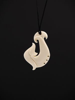 Moko Pounamu Hei Matau (Hook) Whale Bone Carving - Pomarangi