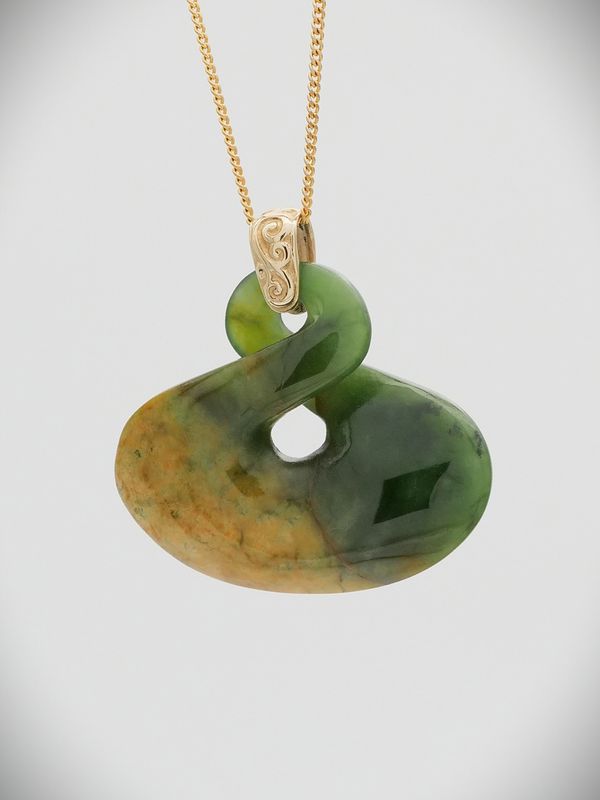 Moko Pounamu Gilt Jewellery Pikorua (Twist) NZ Genuine Marsden Flower Greenstone & 9ct Gold - Okupata
