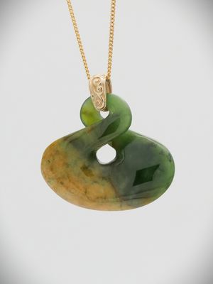 Moko Pounamu Gilt Jewellery Pikorua (Twist) NZ Genuine Marsden Flower Greenstone & 9ct Gold - Okupata