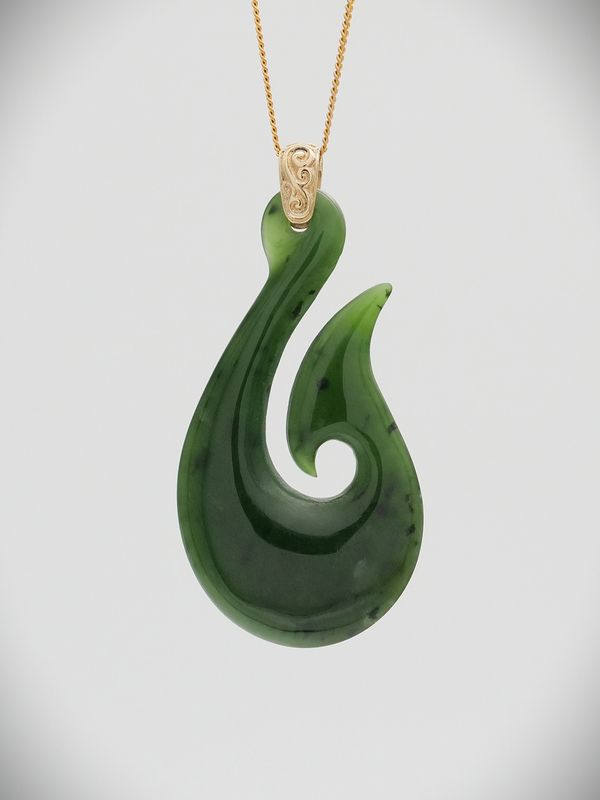 Moko Pounamu Gilt Jewellery Hei Matau (Hook) NZ Genuine Kawakawa Greenstone & 9ct Gold - Hauturu