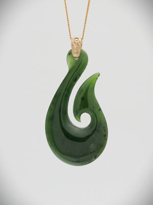 Moko Pounamu Gilt Jewellery Hei Matau (Hook) NZ Genuine Kawakawa Greenstone & 9ct Gold - Hauturu