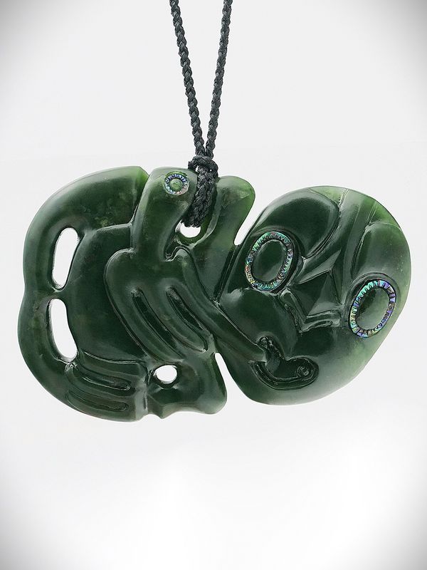 Moko Pounamu Hei Tiki NZ Genuine Kawakawa Flower Greenstone  - Rangitumau