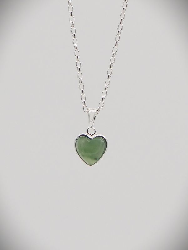 Moko Pounamu Pepe Heart NZ Genuine Kawakawa Greenstone and Sterling Silver Necklace - Te Aroha