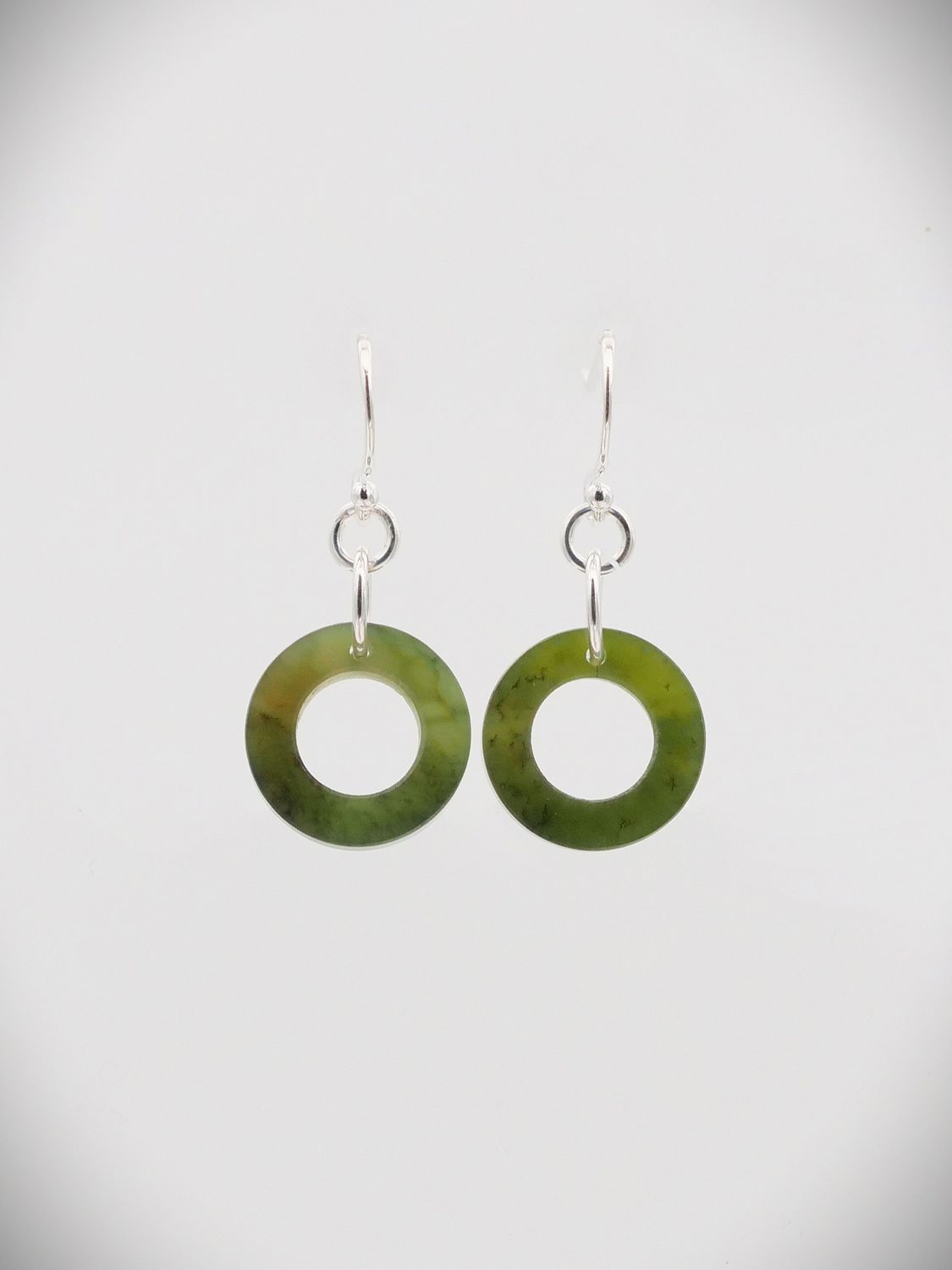 Moko Pounamu Contemporary Porohita (Disc) Earrings NZ Genuine Kawakawa Greenstone and Sterling Silver - Marama