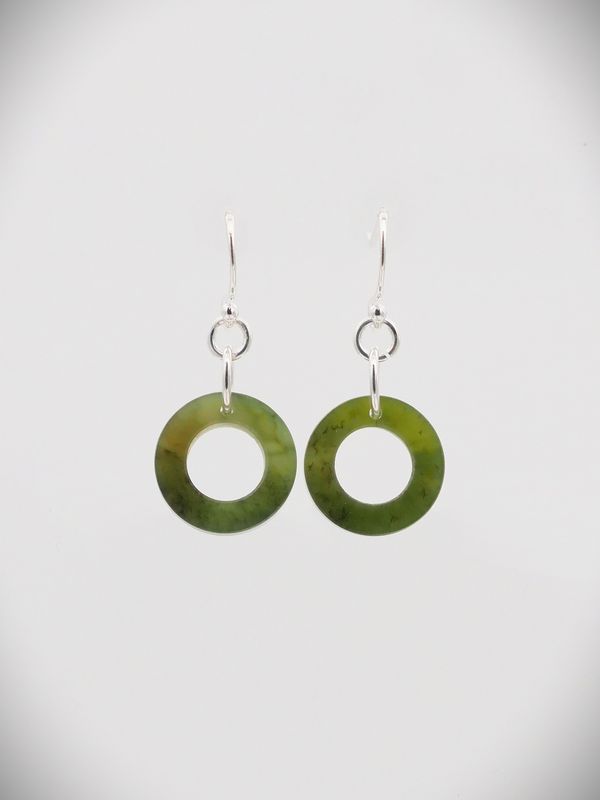 Moko Pounamu Contemporary Porohita (Disc) Earrings NZ Genuine Kawakawa Greenstone and Sterling Silver - Marama