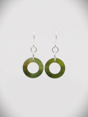 Moko Pounamu Contemporary Porohita (Disc) Earrings NZ Genuine Kawakawa Greenstone and Sterling Silver - Marama