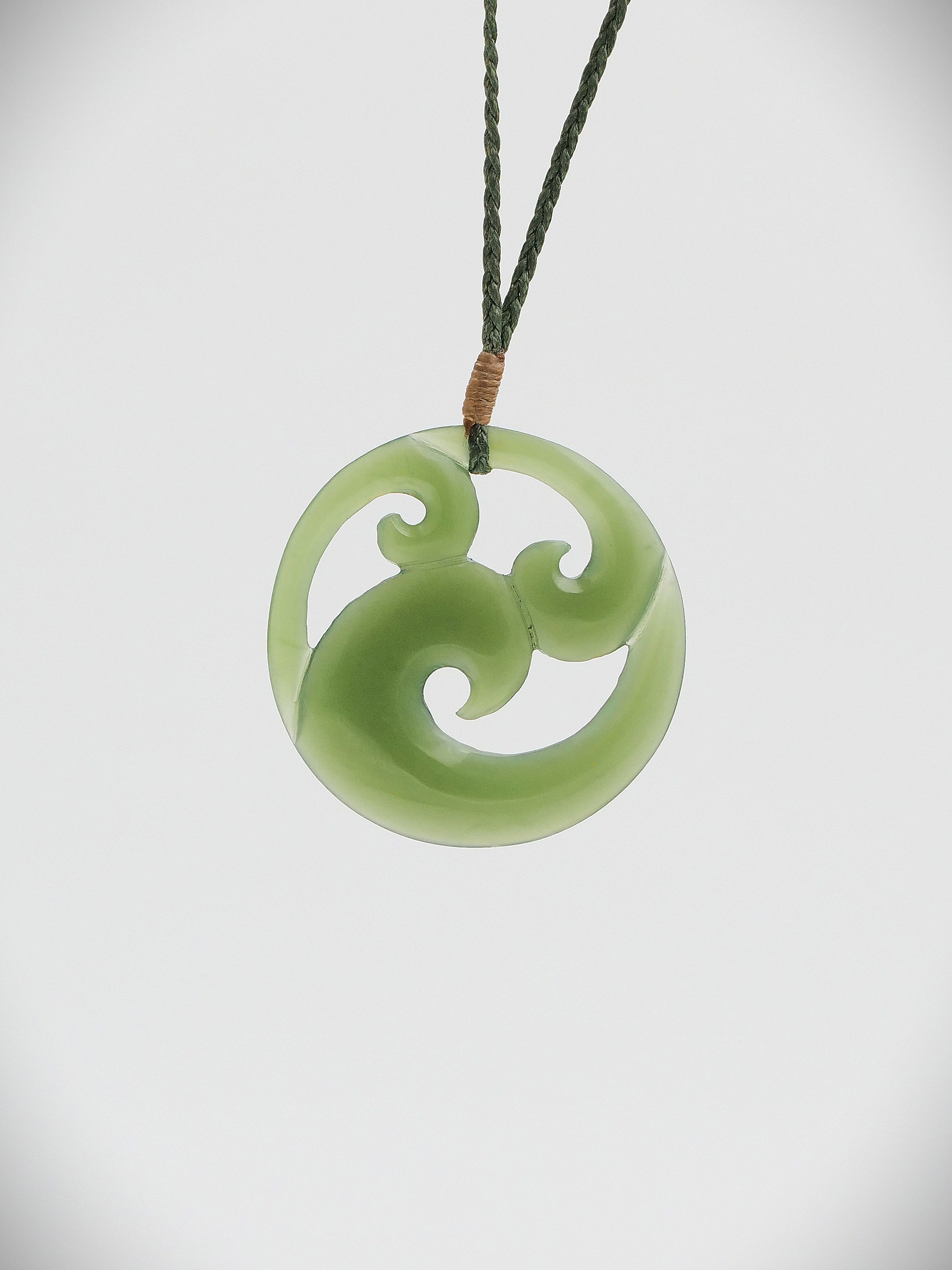 Moko Pounamu Triple Koru NZ Genuine Inanga Greenstone - Kaitawa