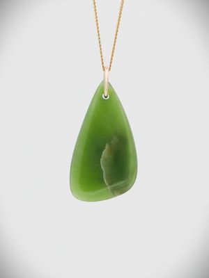Moko Pounamu Free Form Drop NZ Genuine Kahurangi Flower Greenstone and 9ct Gold Pendant - Huanui