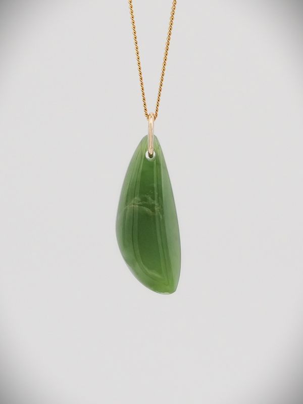 Moko Pounamu Free Form Drop NZ Genuine Kahurangi Flower Greenstone and 9ct Gold Pendant - Uruti