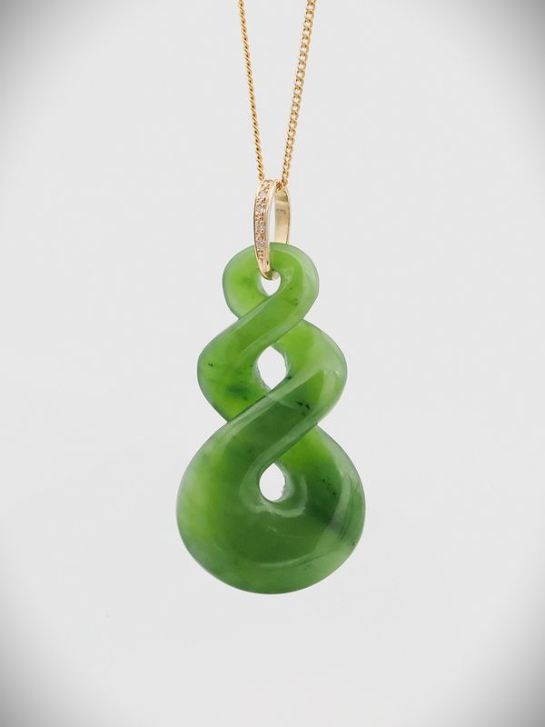 Moko Pounamu Double Pikorua (Twist) NZ Genuine Kahurangi Greenstone, 9ct Gold & Diamond Pendant - Mokau
