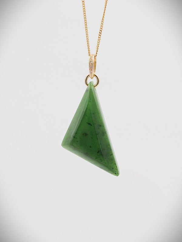 Moko Pounamu Free Form Drop NZ Genuine Kahurangi Greenstone, 9ct Gold & Diamond Pendant - Okoki