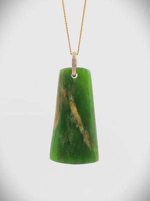 Moko Pounamu Kuru (Drop) NZ Genuine Kahurangi Flower Greenstone, 9ct Gold & Diamond Pendant - Tahora