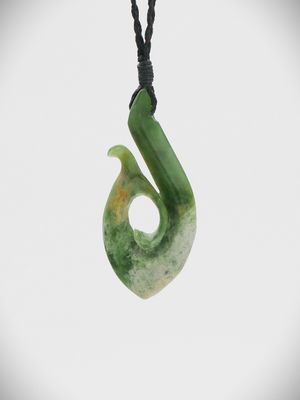 Moko Pounamu Hei Matau (Hook) NZ Genuine Marsden Flower Greenstone - Taihape