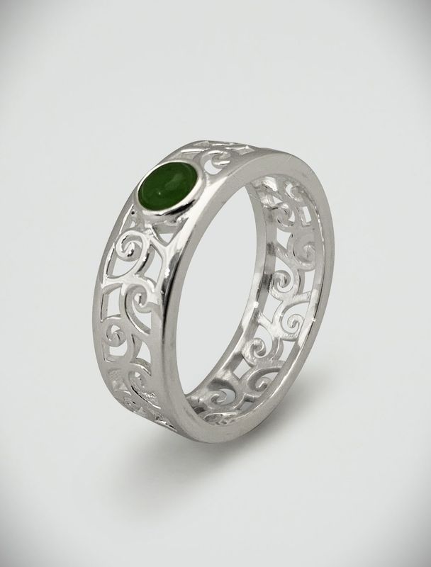 Moko Pounamu Kahurangi Greenstone & Sterling Silver Koru Ring 15121