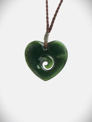 Moko Pounamu Heart NZ Genuine Kawakawa Greenstone  - Tikokino