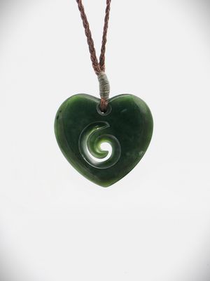 Moko Pounamu Heart NZ Genuine Kawakawa Greenstone  - Tikokino