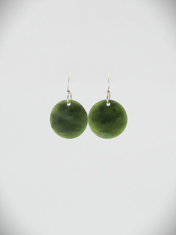 Moko Pounamu Porohita (Disc) NZ Genuine Kawakawa Greenstone, Sterling Silver Earrings - Waipawa