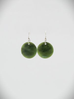 Moko Pounamu Porohita (Disc) NZ Genuine Kawakawa Greenstone, Sterling Silver Earrings - Waipawa