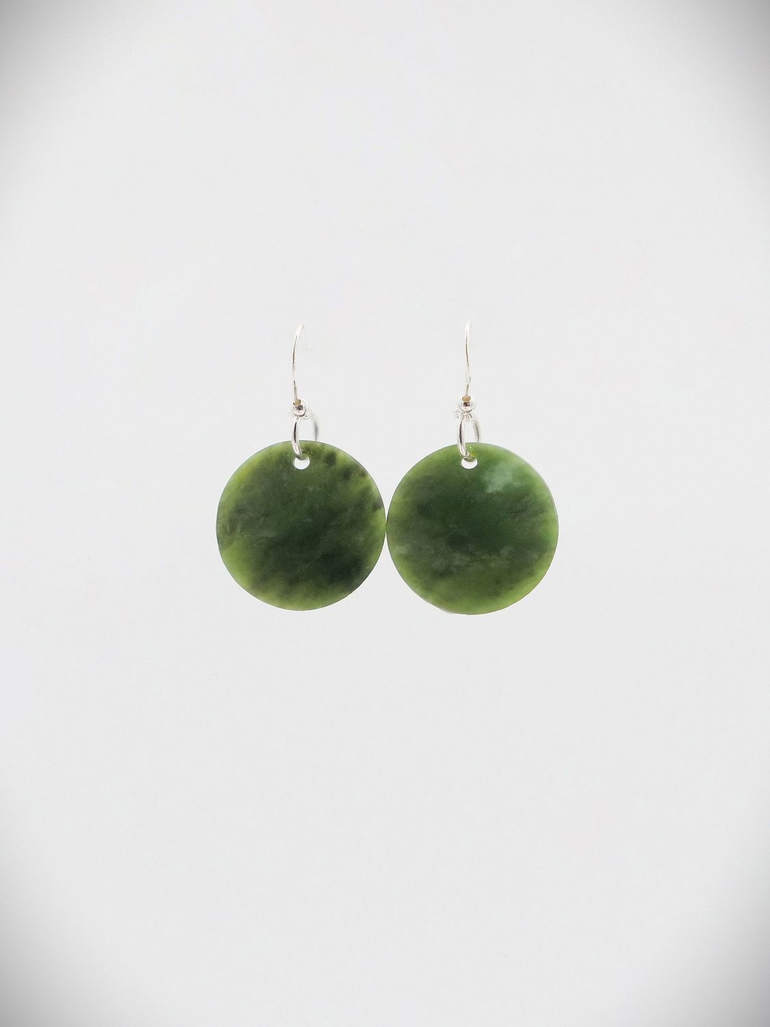 Moko Pounamu Porohita (Disc) NZ Genuine Kawakawa Greenstone, Sterling Silver Earrings - Poukawa