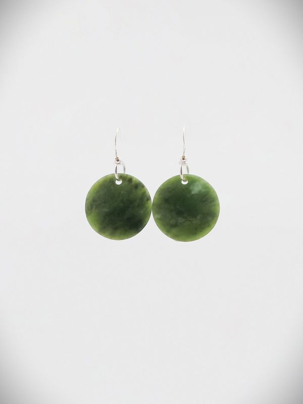 Moko Pounamu Porohita (Disc) NZ Genuine Kawakawa Greenstone, Sterling Silver Earrings - Poukawa