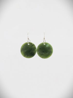 Moko Pounamu Porohita (Disc) NZ Genuine Kawakawa Greenstone, Sterling Silver Earrings - Poukawa