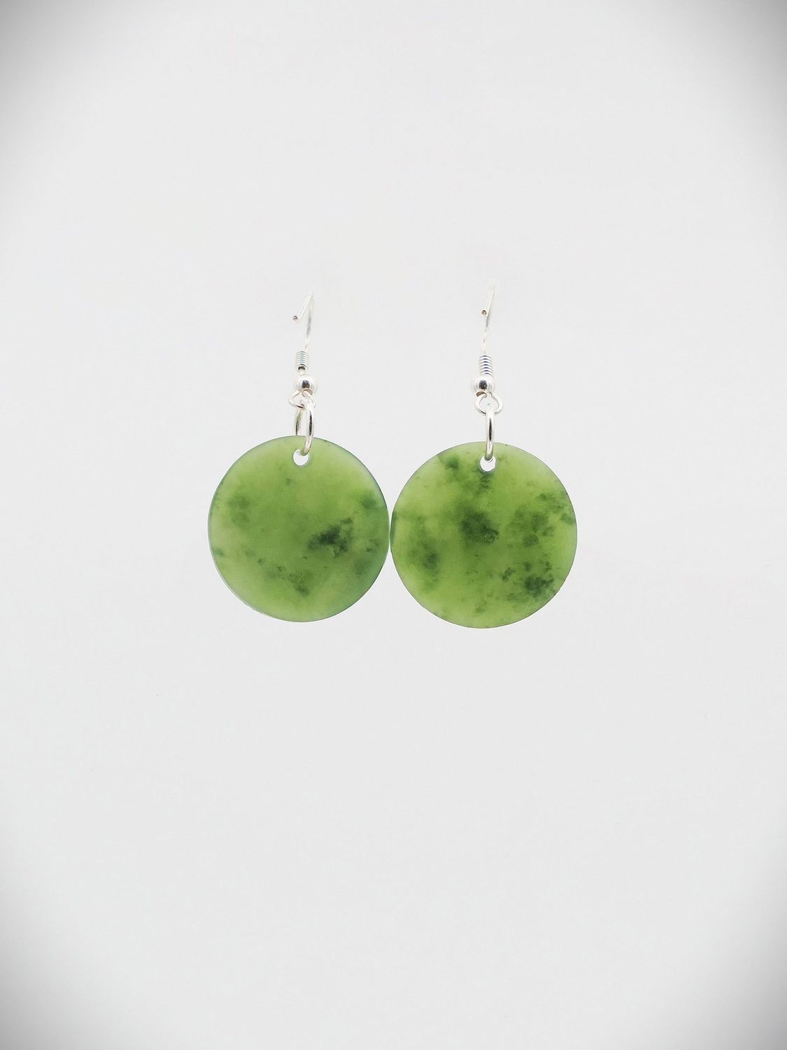 Moko Pounamu Porohita (Disc) NZ Genuine Kawakawa Greenstone, Sterling Silver Earrings - Tikokino