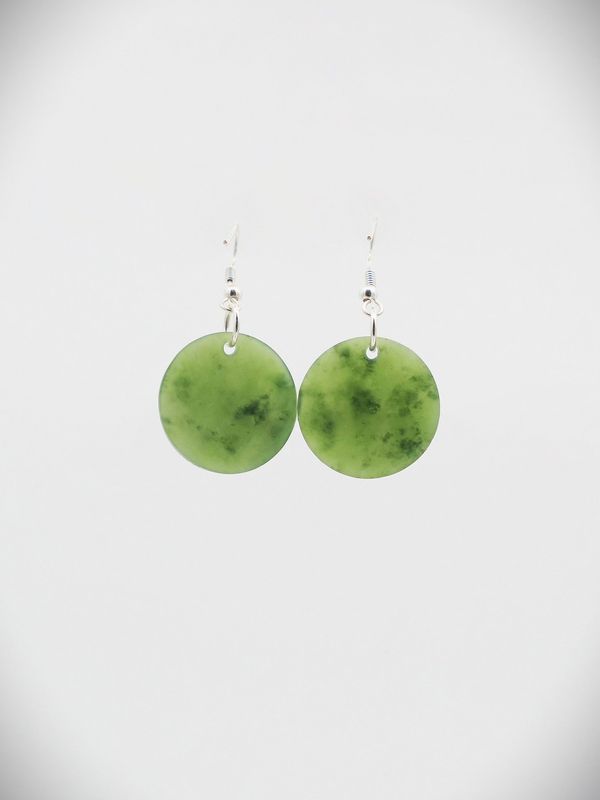 Moko Pounamu Porohita (Disc) NZ Genuine Kawakawa Greenstone, Sterling Silver Earrings - Tikokino