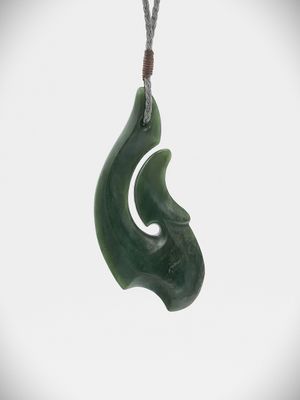 Moko Pounamu Hei Matau (Hook) NZ Genuine Kawakawa Greenstone - Takamatua