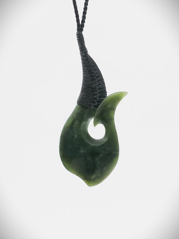 Moko Pounamu Hei Matau (Hook) NZ Genuine Kawakawa Greenstone - Pukahu