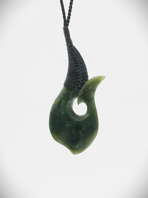 Moko Pounamu Hei Matau (Hook) NZ Genuine Kawakawa Greenstone - Pukahu