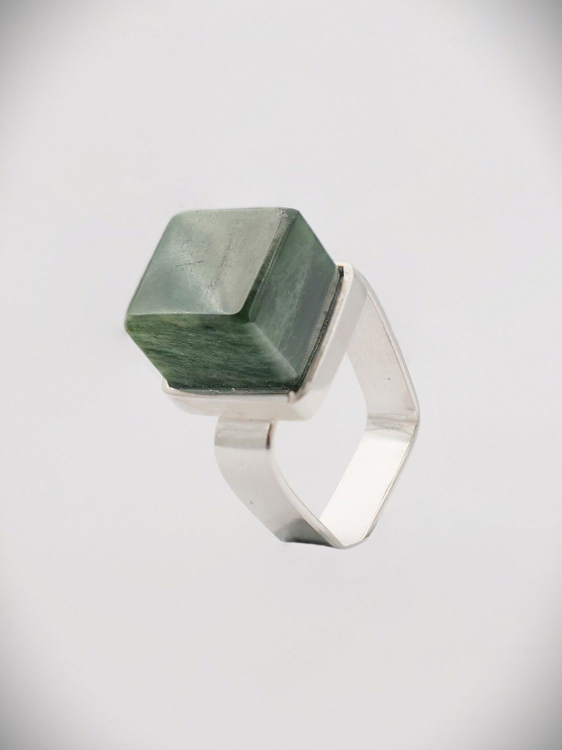 Moko Pounamu Ana Krakosky NZ Genuine Kahurangi Flower Greenstone & Sterling Silver Square Cube Ring - Muriwai