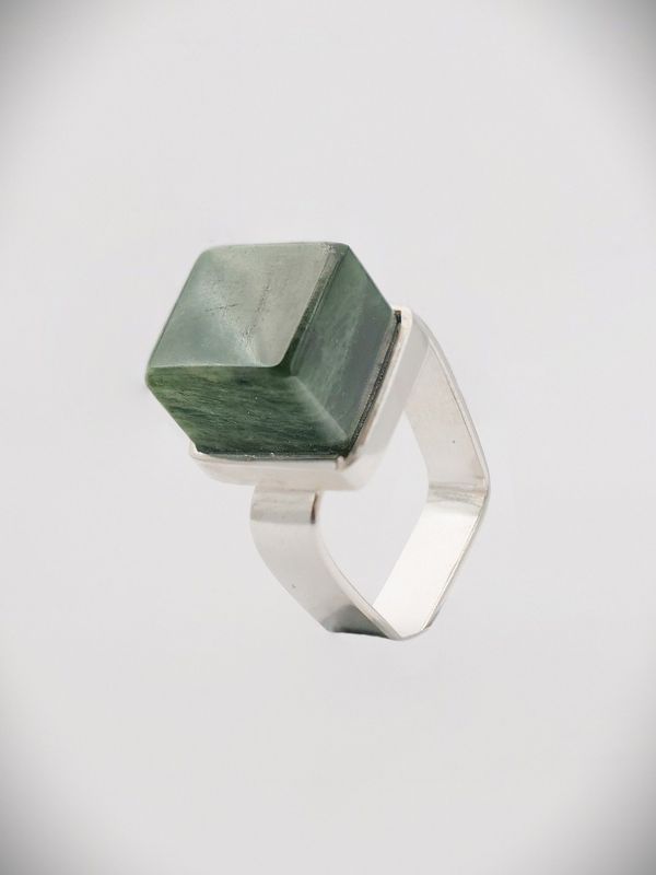 Moko Pounamu Ana Krakosky NZ Genuine Kahurangi Flower Greenstone & Sterling Silver Square Cube Ring - Muriwai