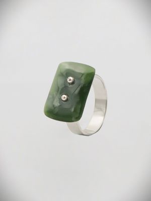 Moko Pounamu Ana Krakosky NZ Genuine Kahurangi Flower Greenstone & Sterling Silver Rectangle Ring - Waimauku