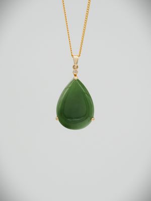 Moko Pounamu NZ Genuine Kahurangi Greenstone and 14ct Gold & Diamond Teardrop Pendant 00523