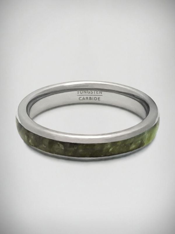 Moko Pounamu Tungsten Carbide & Genuine NZ Kawakawa Greenstone Band Ring 4mm TBR4