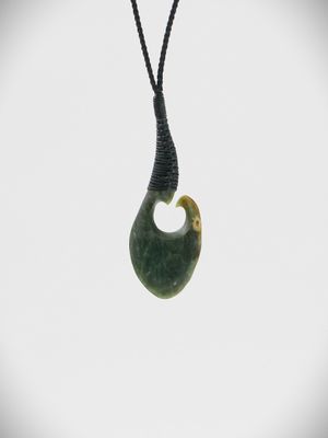 Moko Pounamu Hei Matau (Hook) NZ Genuine Kawakawa Flower Greenstone - Pipiriki